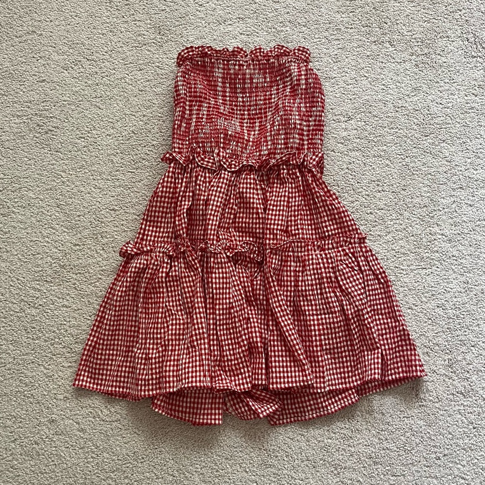 Red Gingham Strapless tie back dress